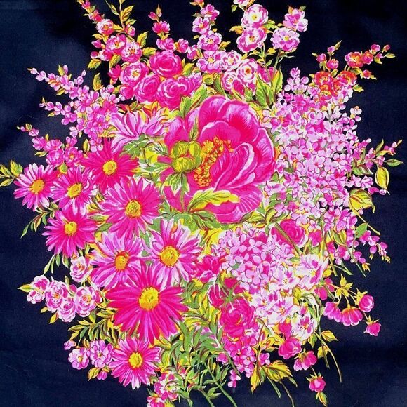 Vintage Peasant Scarf Black Cotton with Pink Floral 32 x 32 inch - Picture 2 of 6